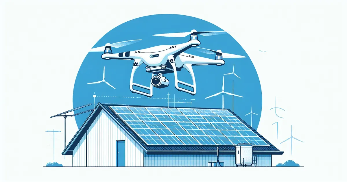 Drone in volo sopra un tetto con sensori per rilievo fotogrammetrico di un impianto fotovoltaico