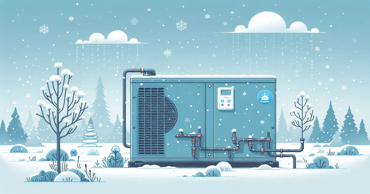 Unit&agrave; esterna di una pompa di calore in funzione durante una nevicata