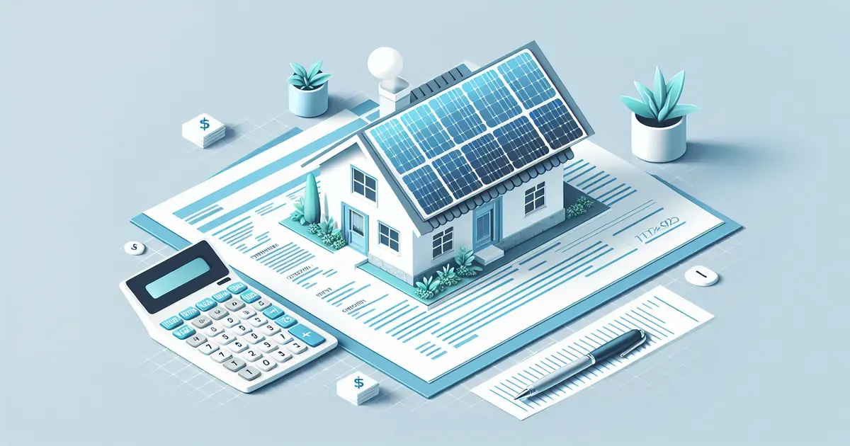 Scrivania con documenti fiscali, calcolatrice e modello 730 accanto a un modellino di casa con pannelli solari