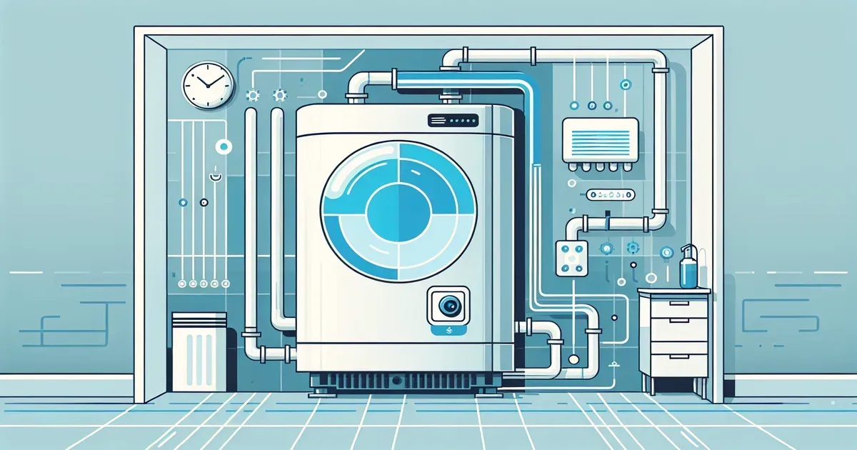 Scaldacqua a pompa di calore installato in locale tecnico con indicazione del flusso dell'aria